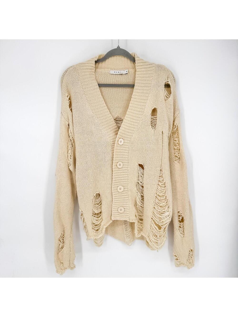 MNML Distressed Cardigan Cream Shredded Grunge Button Front Sweater Mens XS